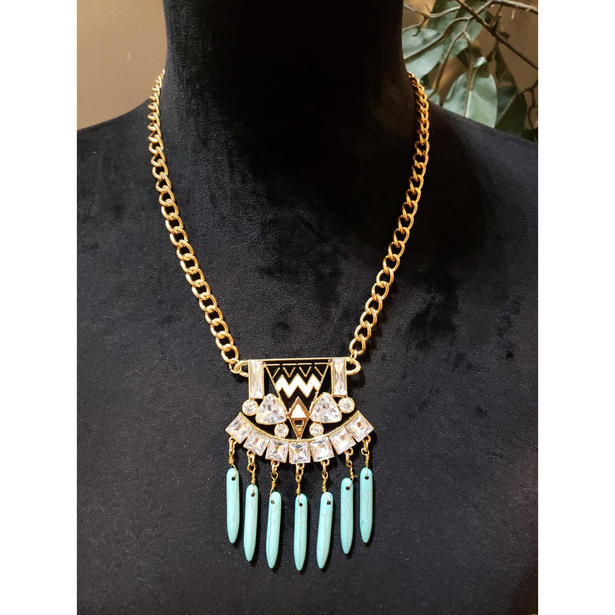 Southwestern Gold Tone Faux Turquoise Black Cream Enamel Rhinestone Necklace