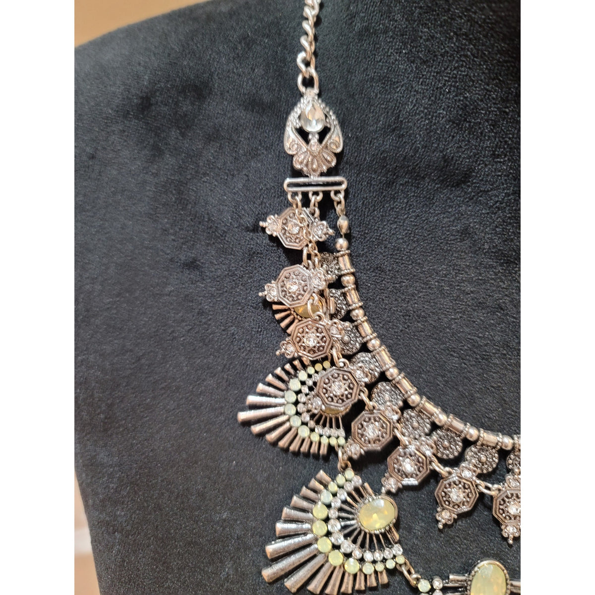 Women's Silver Tone Statement Bib Necklace With Opal Stones Lobster Clasp