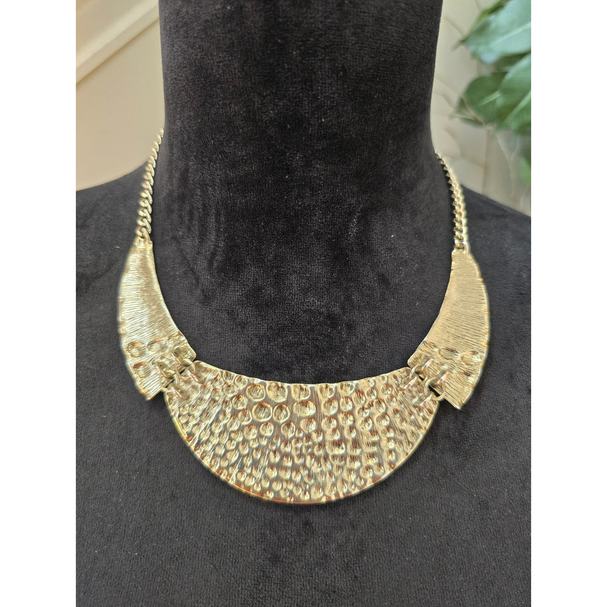 Gold Tone Textured Bib Collar Statement Necklace