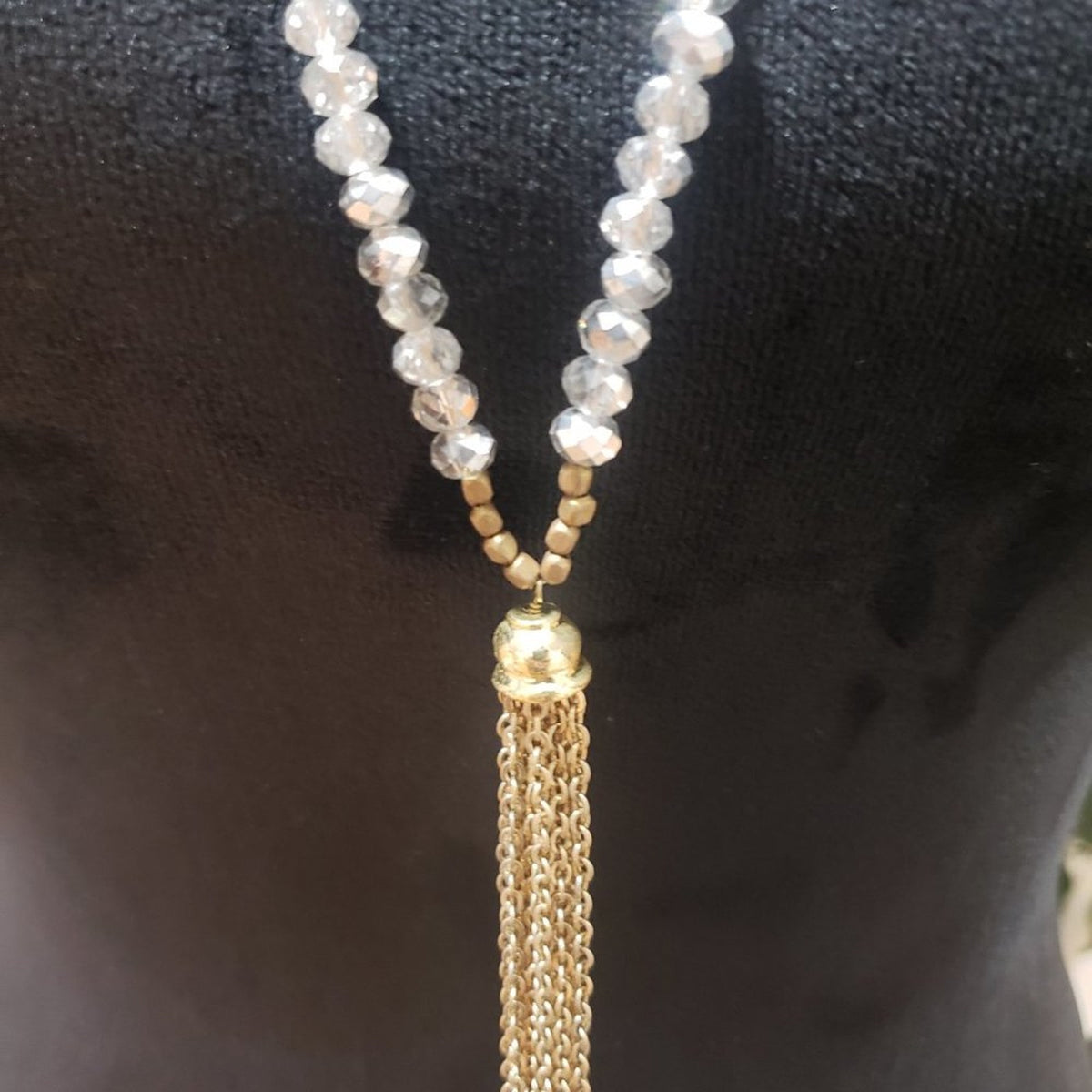 Womens Fashion Gold Tone Beads Clear Crystals Tassel Chain Necklace w/ Lobster