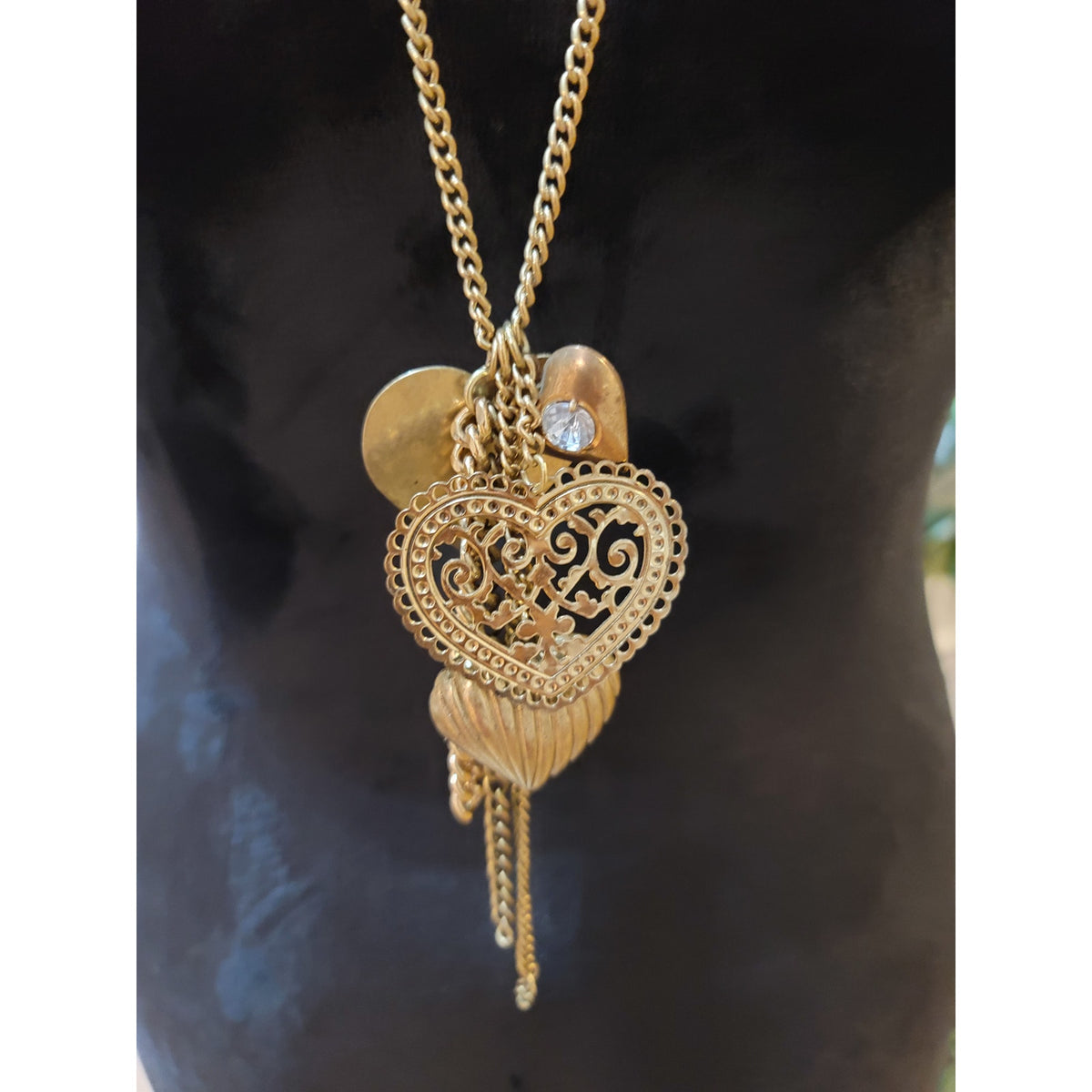 Women's Long Gold Tone Heart Pendant Chain or Necklace With Lobster Claw Lock