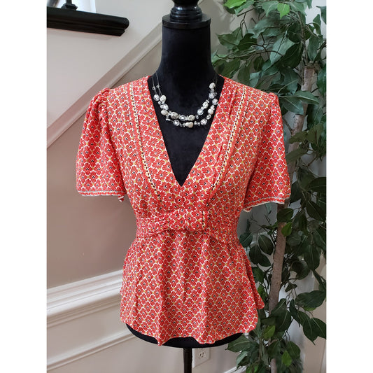 Max Studio Top Blouse Women's Size L Orange & White Casual Short Sleeve V-Neck