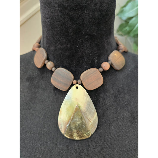 Brown Wood Bead Necklace Large Teardrop Shell Pendant Statement Jewelry