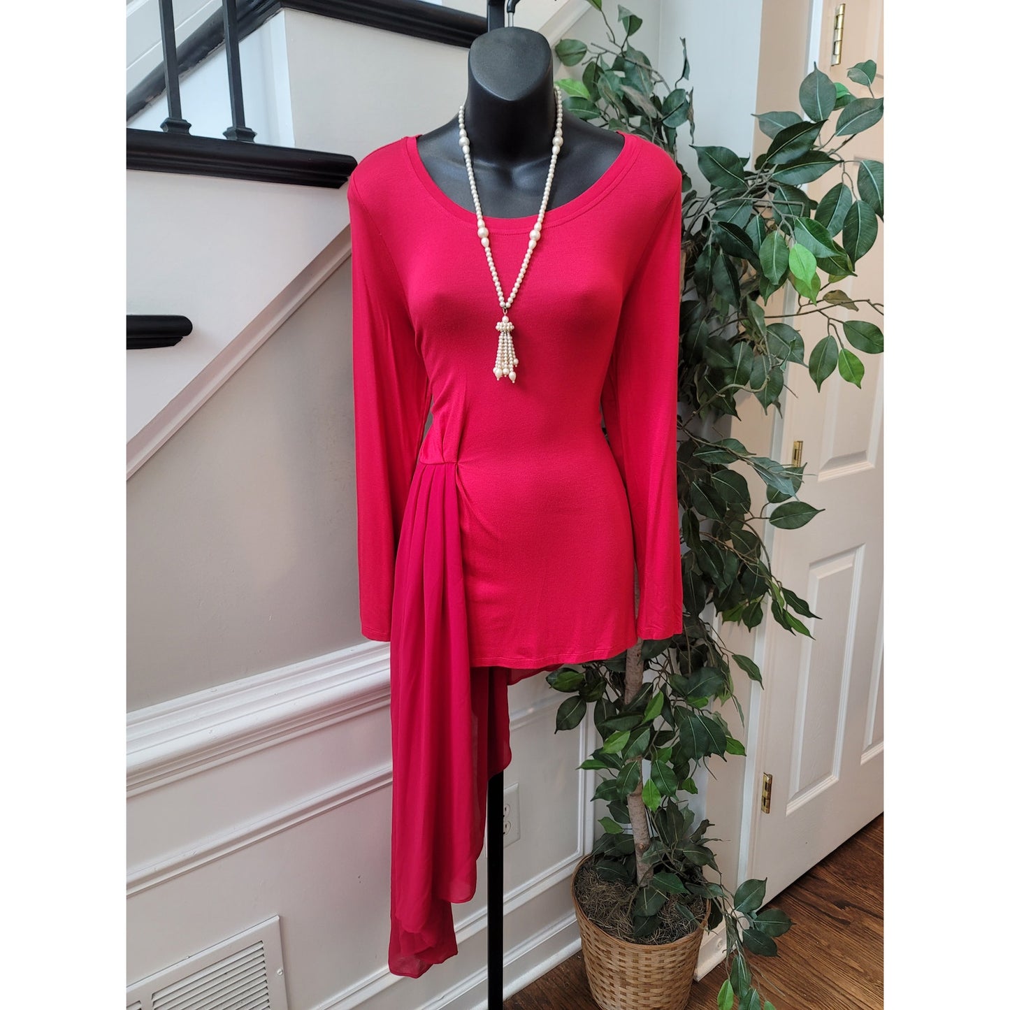 Boston Proper Top Women's Size S Red Long Sleeve Tunic Chiffon Overlay Elegant