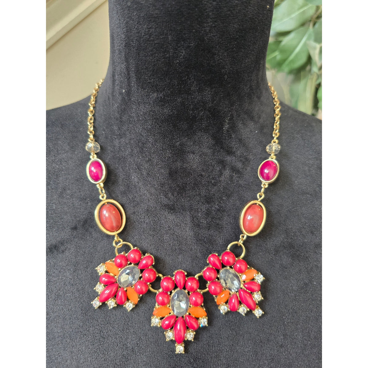 Coral Pink Floral Crystal Statement Necklace