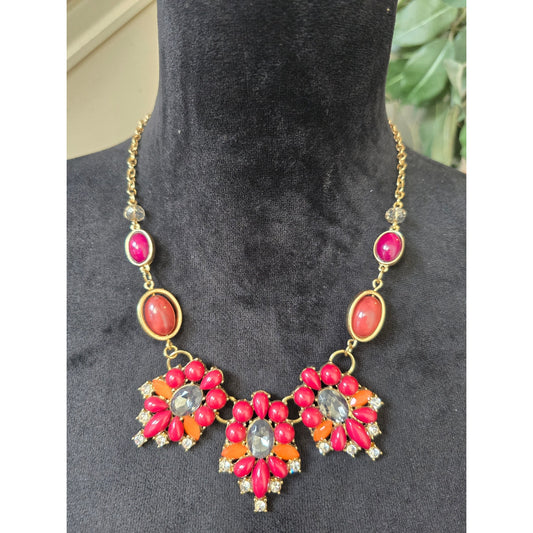 Coral Pink Floral Crystal Statement Necklace