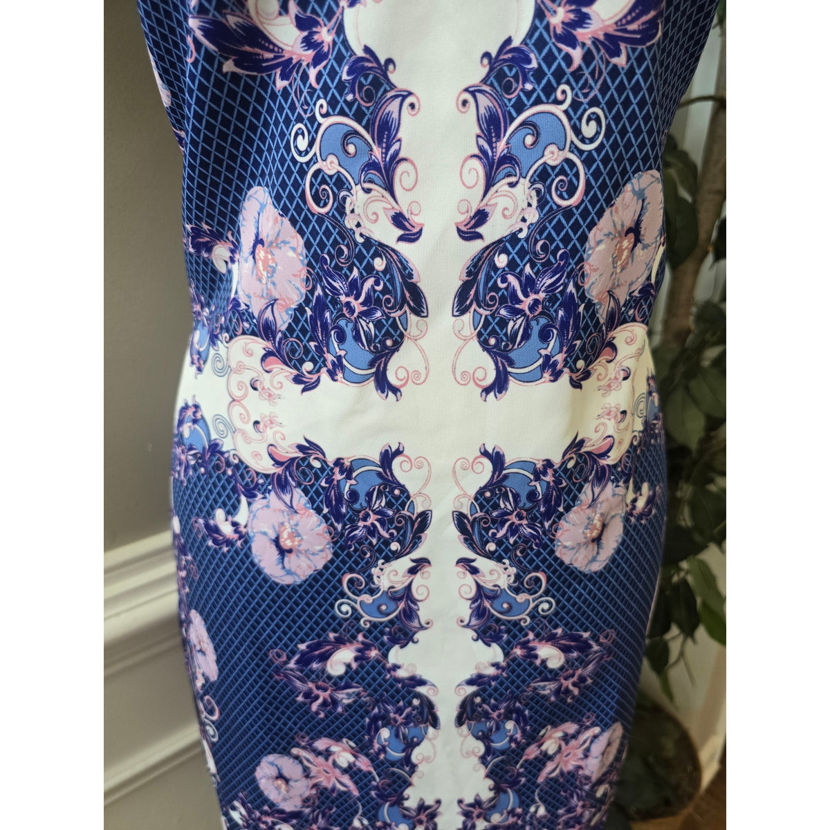 Venus Sheath Dress Women's Large Blue/Pink Floral Cross-Front Spaghetti Straps