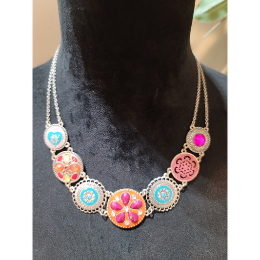 Women's Colorful Boho Medallion Statement Necklace Lobster Clasp Vintage Style
