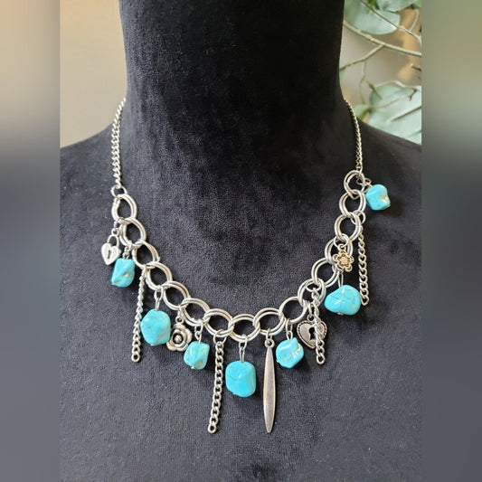 Womens Blue Turquoise Crackle- Southern Sweetheart Charm Necklace with c