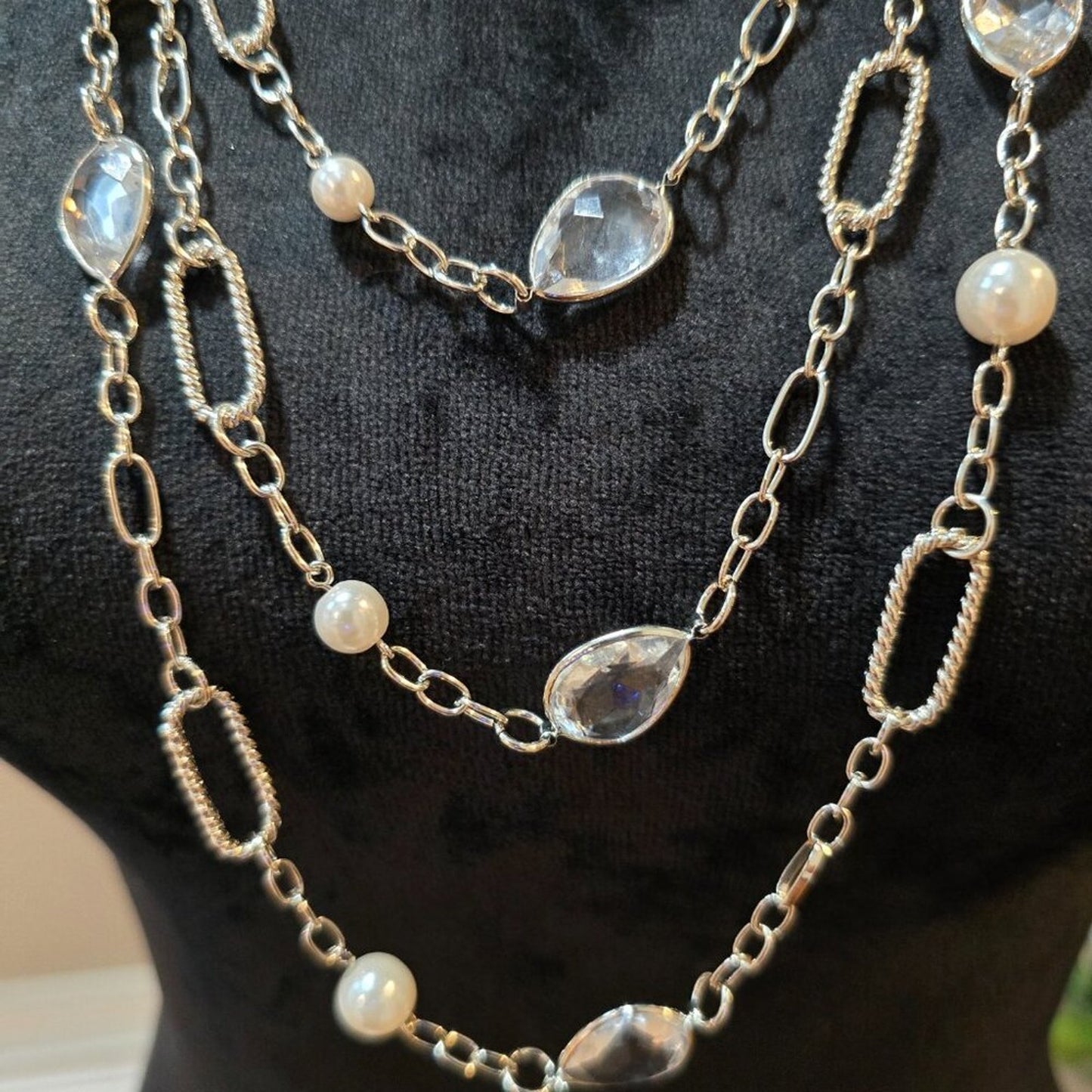 Women Fashion Silver White 3-Layer Chain Beaded Long Necklace with Lobster Clasp