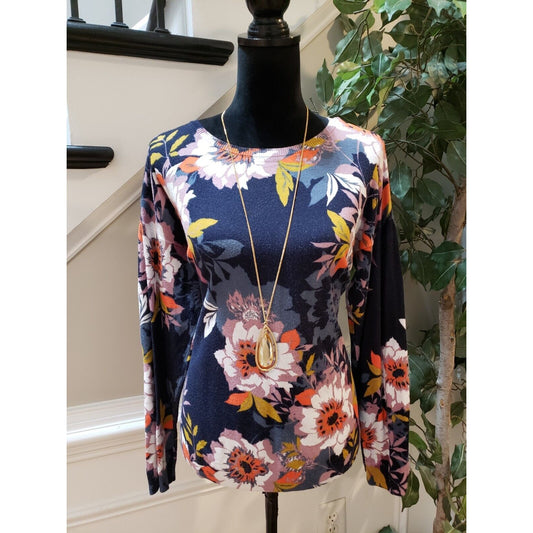 Cable & Gauge Women Blue Floral Round Neck Long Sleeve Quarter Zip Sweater Large