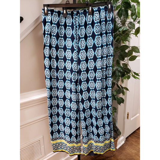 Crown & Ivy Women's Blue & White Floral 100% Rayon Wide Leg Loose Fit Pants 1X