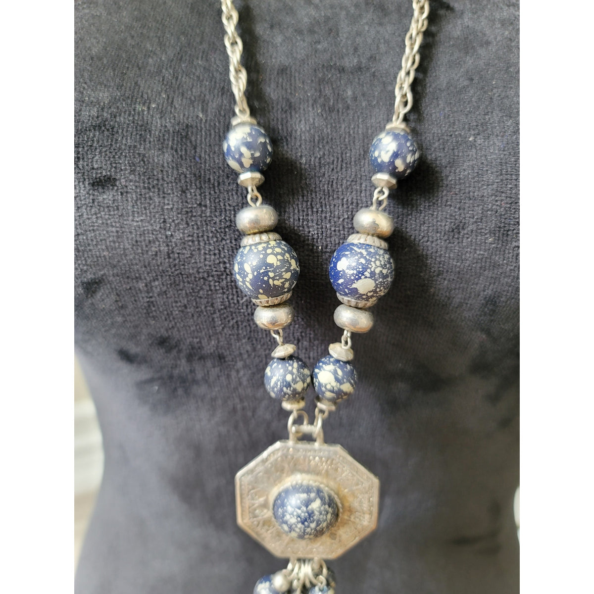 Women's Silver Chain Necklace With Blue Speckled Beads And Lobster Claw Lock