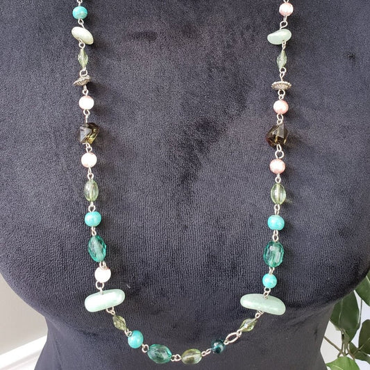 Women Silver Tone Multi Shaped Gems & Pearls Necklace Jewelry with Lobster Clasp