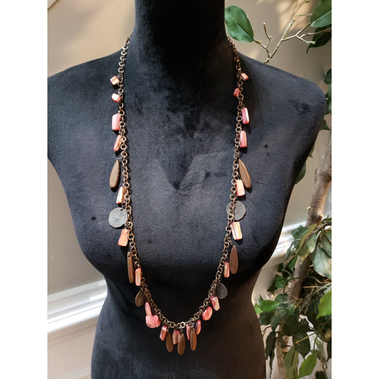 Women's Long Chain Necklace Pink Shell Wood Disc Lobster Clasp Boho Style