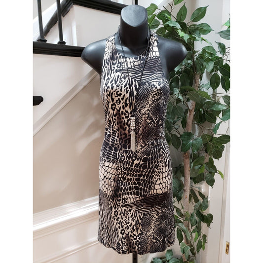 Miss Love Women's Black Brown Animal Print Lined Sleeveless Knee Lenght Dress S