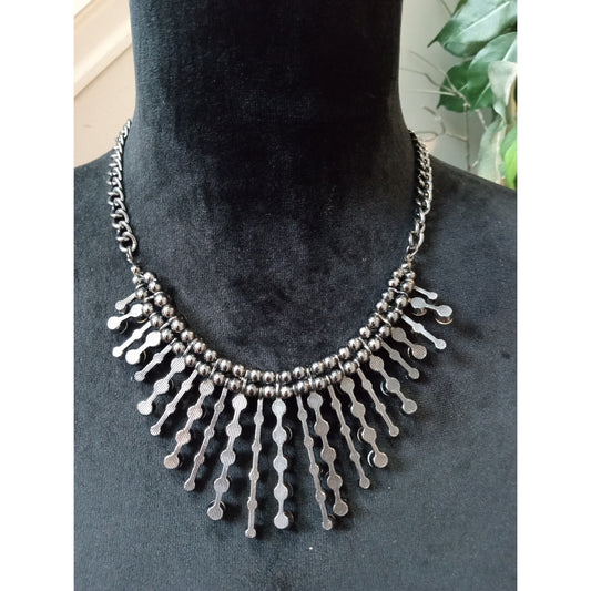 Vintage Gunmetal Black Beaded Fringe Statement Bib Necklace Boho Gothic Chic
