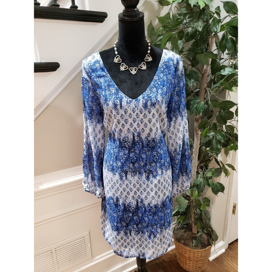 Emma & Michele Womens Blue White Floral Polyester V Neck Knee Length Dress Large