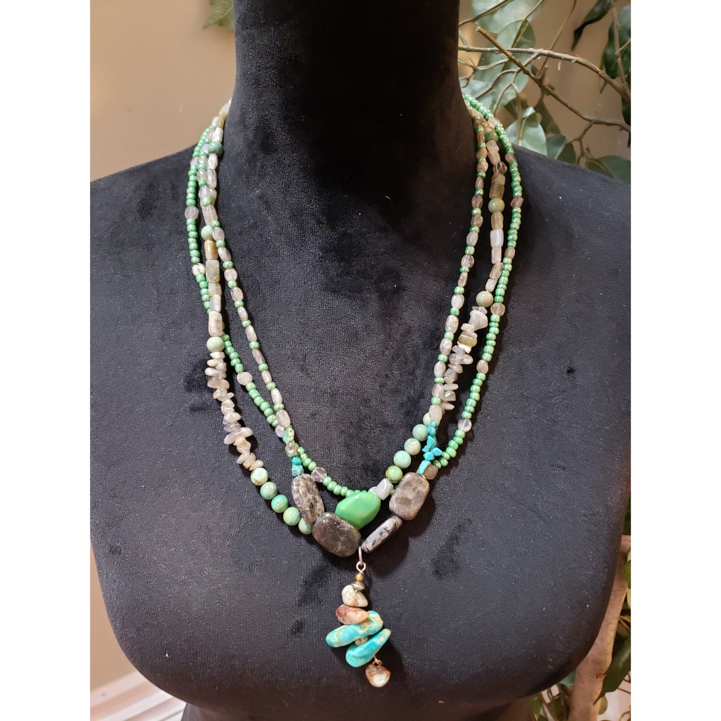 Womens 3 Strand Turquoise Jasper Multi-Stone Beads Lariat Necklace Jewelry