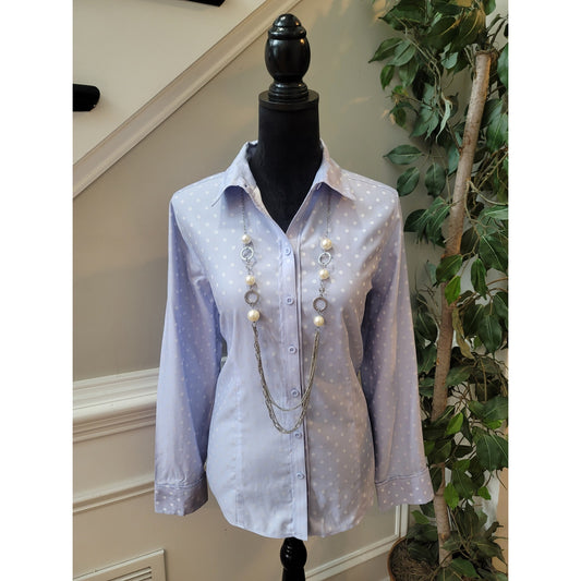 Chico's Button Front Shirt Women's Size 1 Medium Light Blue Polka Dot Cotton
