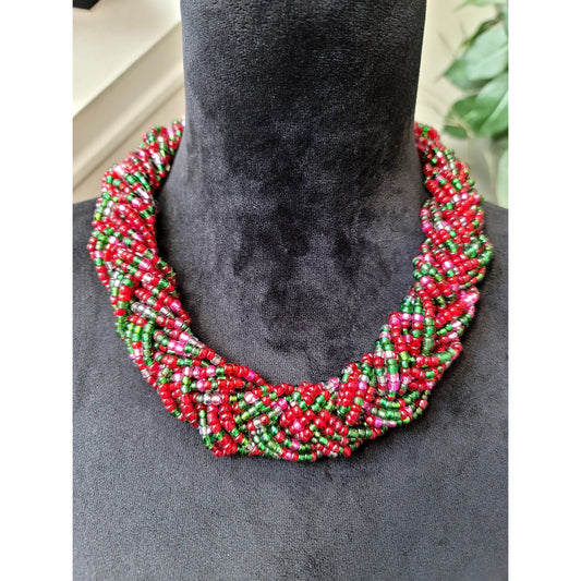 Red & Green Seed Bead Braided Collar Necklace Chunky Statement Holiday Jewelry