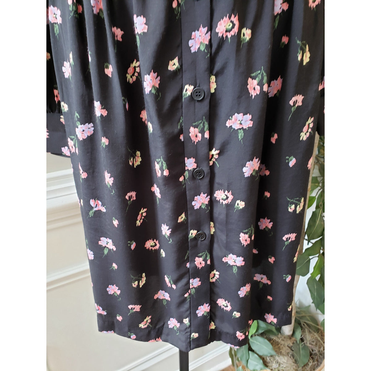 Jill Stuart Shirt Dress Women XS Black Floral Ruffle Pleated Collar Button Front