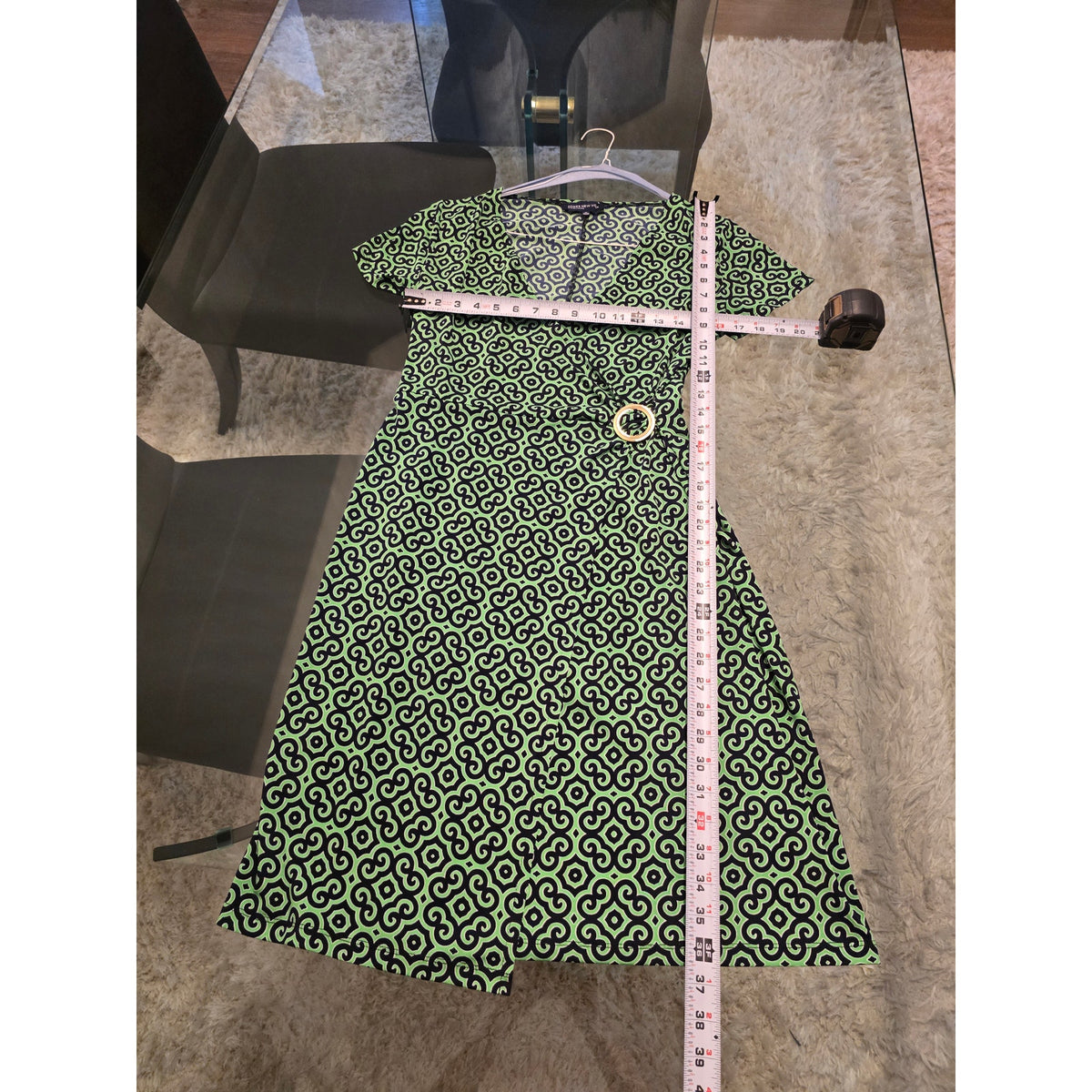 Jones New York Midi Dress Women's Medium Green/Black Geometric Faux Wrap V Neck