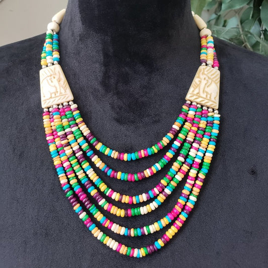 Boho Style Multicolor Beads Medieval Viking Statement Necklace w/ Elephant Pearl