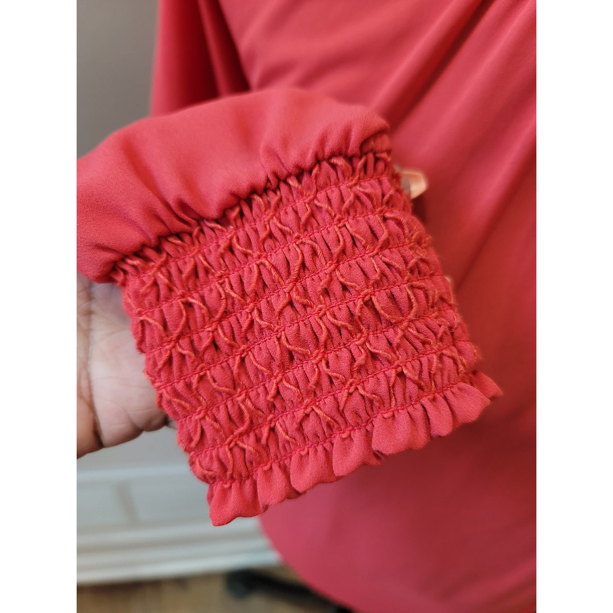 Loft Blouse S Red Ruched Boat Curved Hem Keyhole Back Bishop Sleeve Pullover