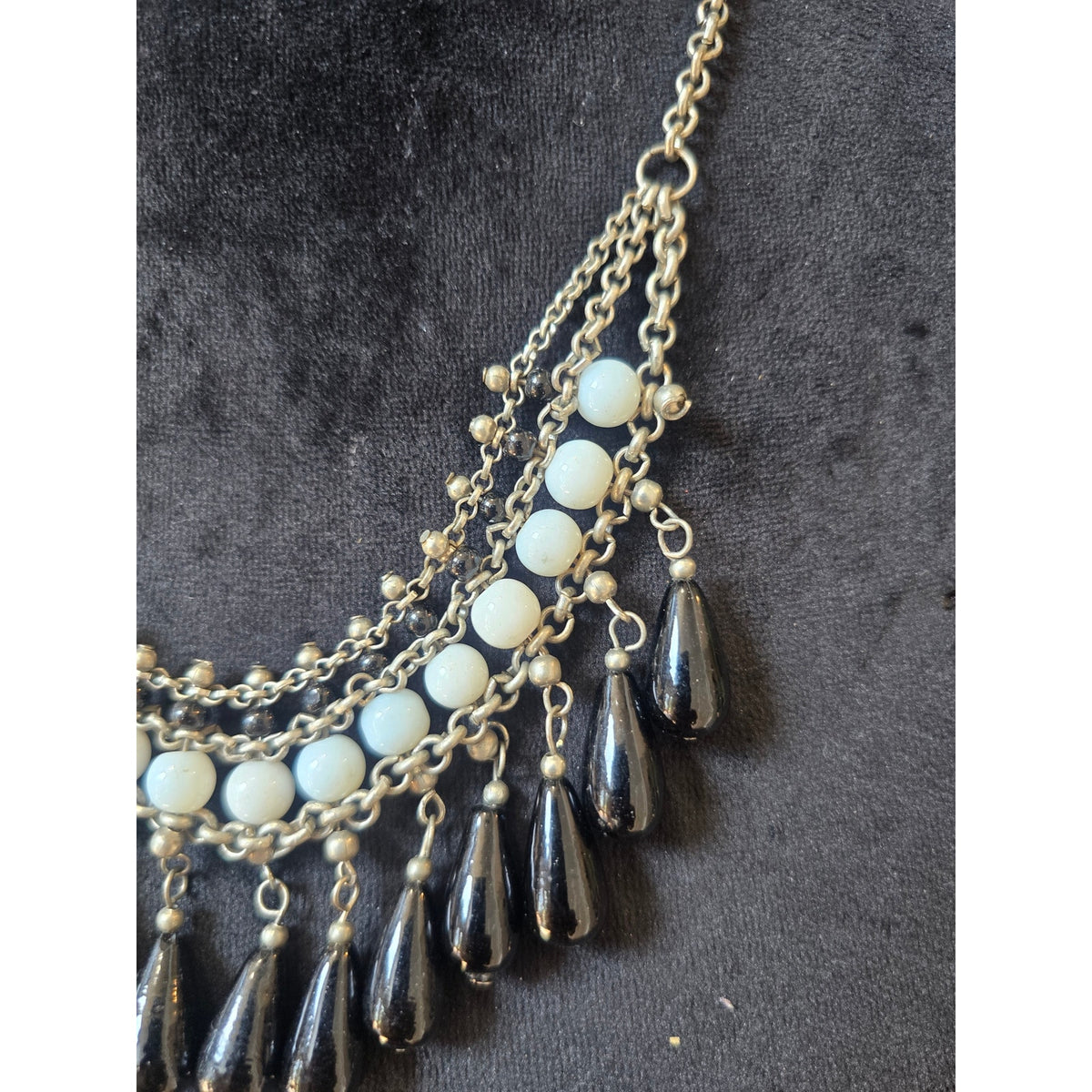 Silver Tone White Beaded Black Teardrop Bib Statement Necklace