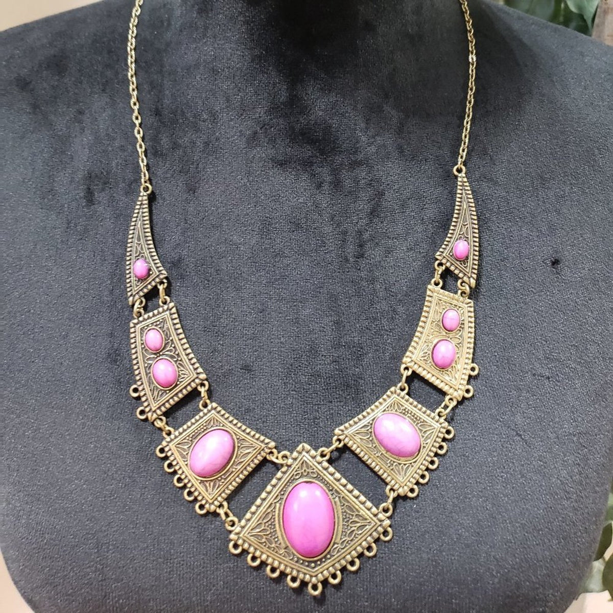 Women Fashion Pink Gem Stone Beads Antiqued Gold Tone Bib Necklace