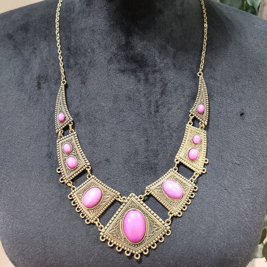 Women Fashion Pink Gem Stone Beads Antiqued Gold Tone Bib Necklace