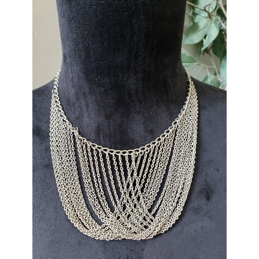 Women's Silver Multi Strand Chain Bib Necklace with Hook Clasp Statement