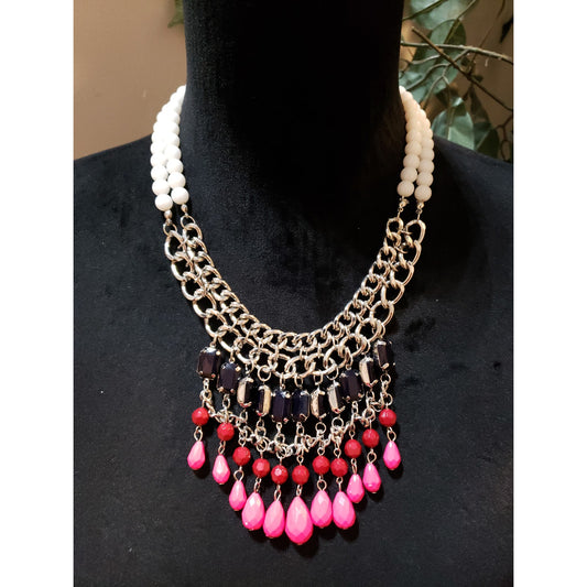 Womens Silver Tone Multi Acrylic Beaded Tiered Bib Statement Necklace Jewelry