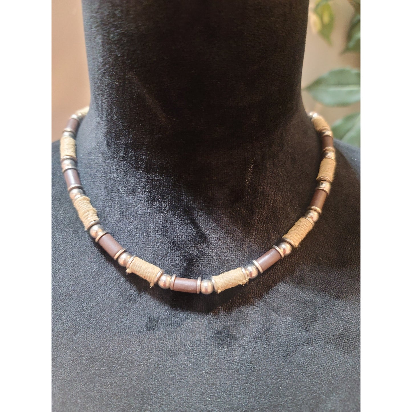 Women's Handmade Beaded Necklace With Wooden Tubes Rope Accents And Lobster Lock