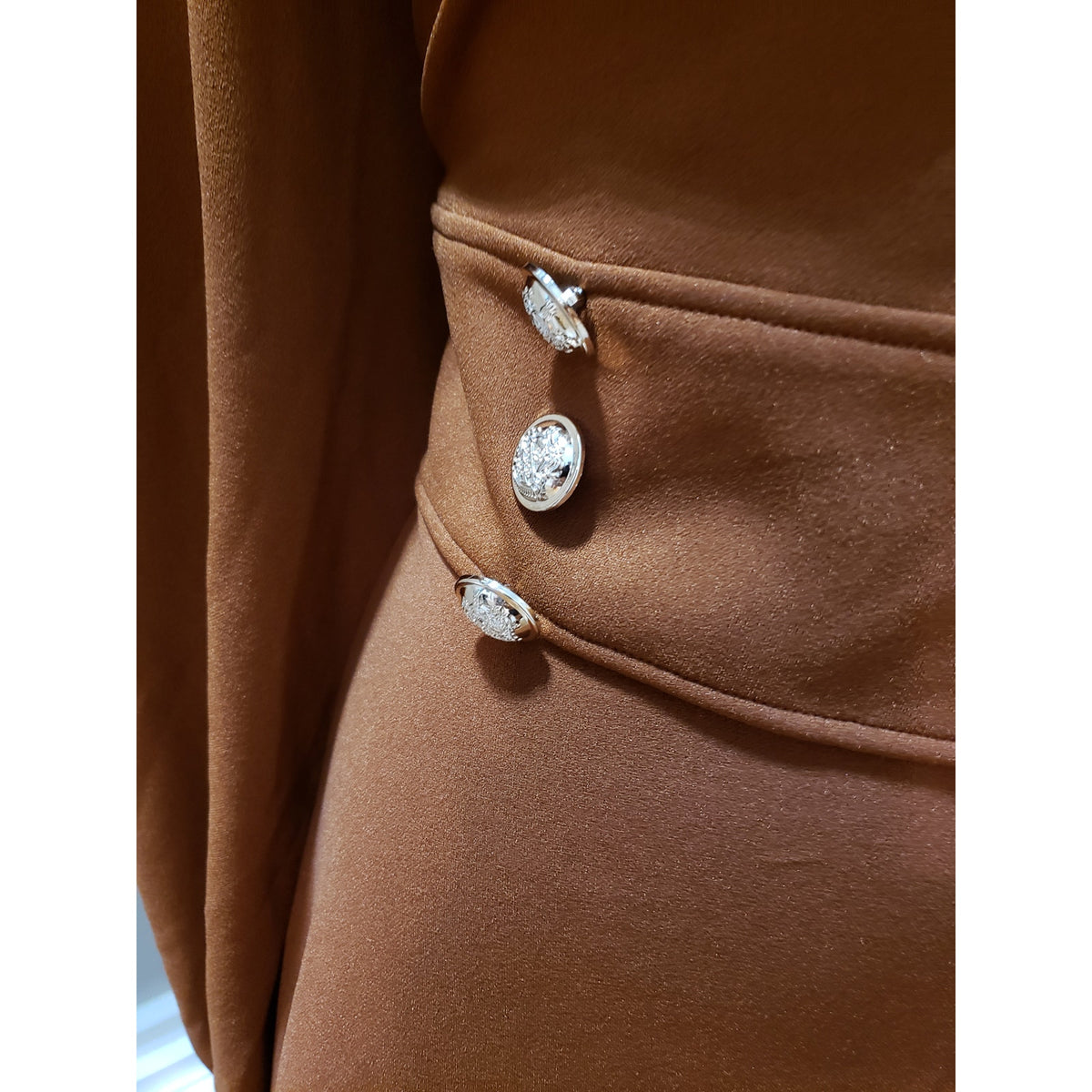 SHEIN Dress Women's XL Brown Empire Waist Double Button Detail Lantern Tie Neck