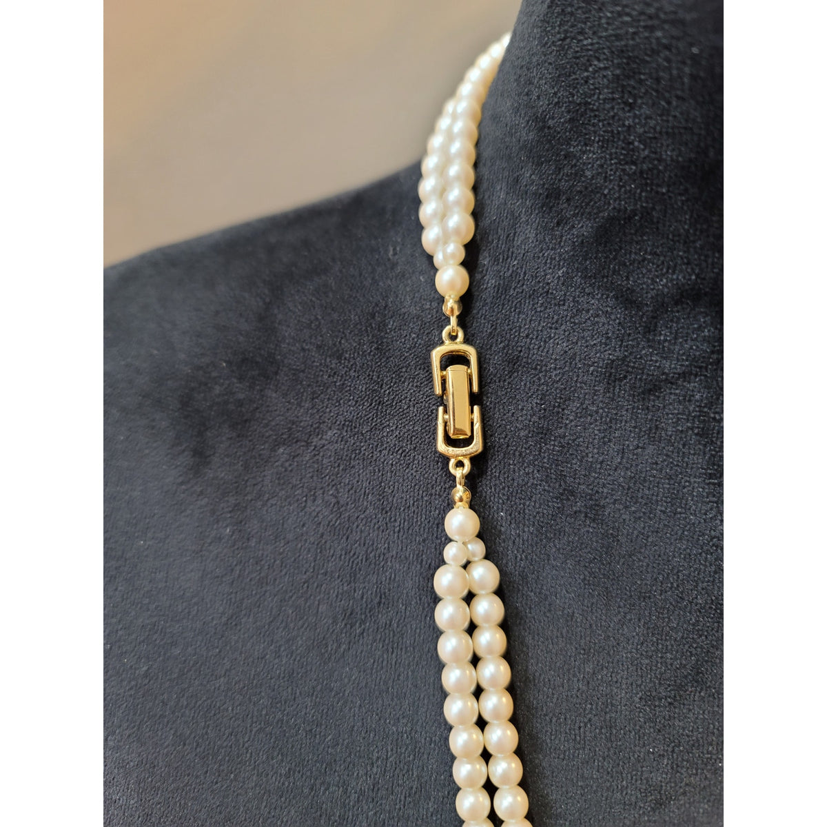 Women's Double Strand Pearl Necklace with Gold Accents and Clasp Lock