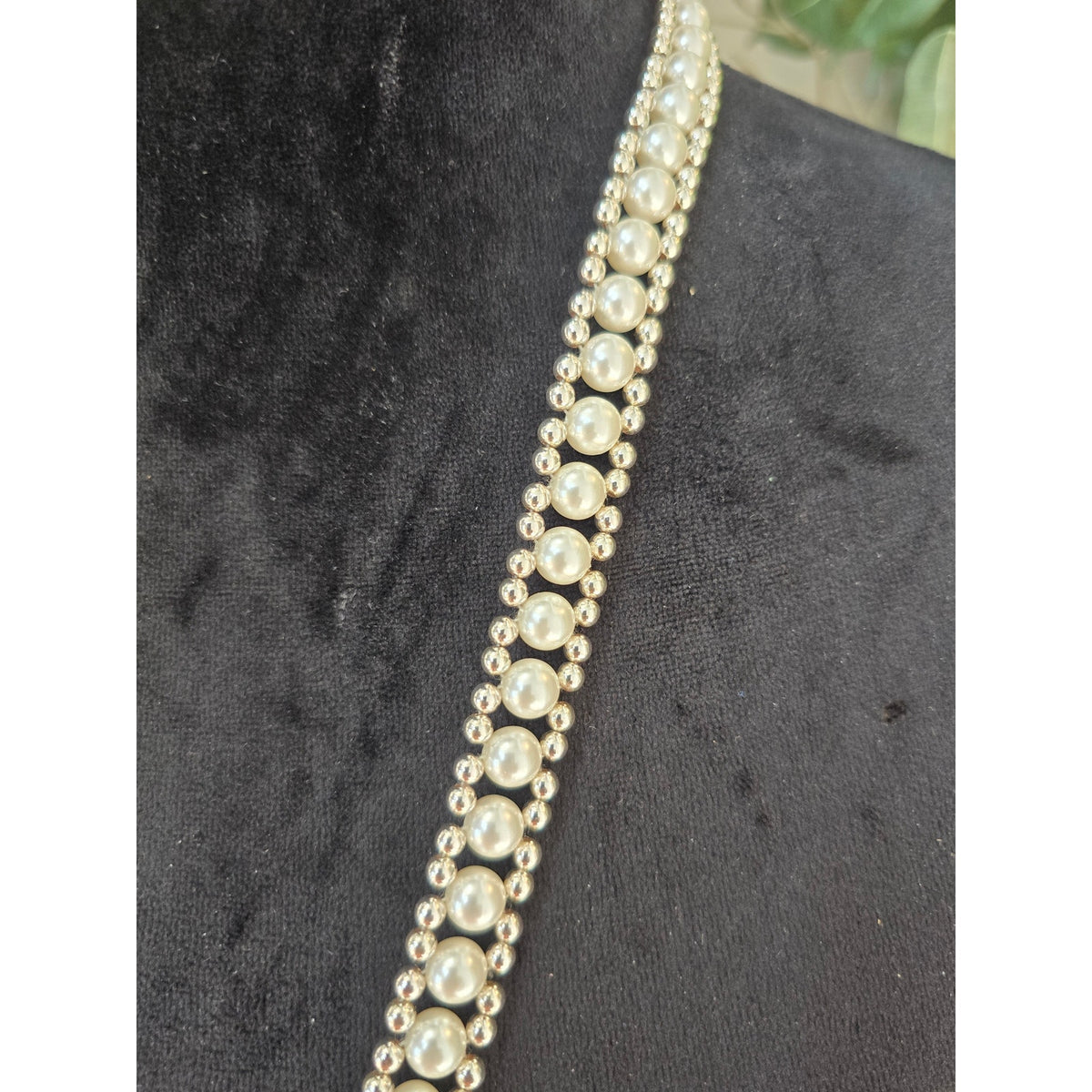 Silver Tone Rhinestone Faux Pearl Tassel Long Statement Necklace