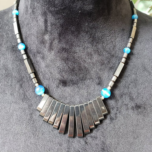 Womens Silver Tone Metal Piano Hematite Choker Necklace with Mystery Clasp
