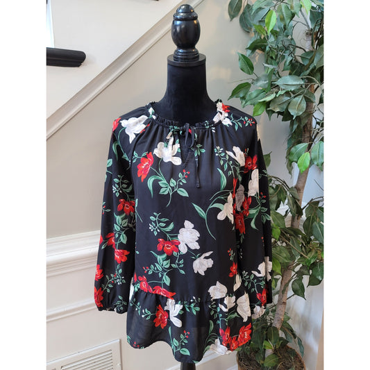 Old Navy Blouse XL Black Floral Ruffle Hem Tie Split Neck Raglan Sleeve Party2