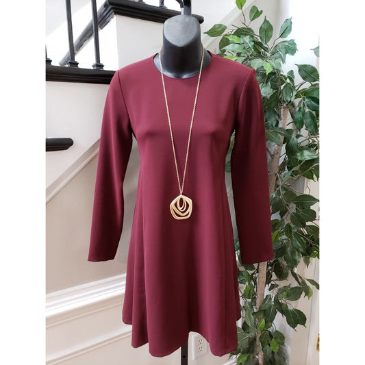 Zara Women's Maroon Polyester Round Neck Long Sleeve Knee Length Dress Size XS