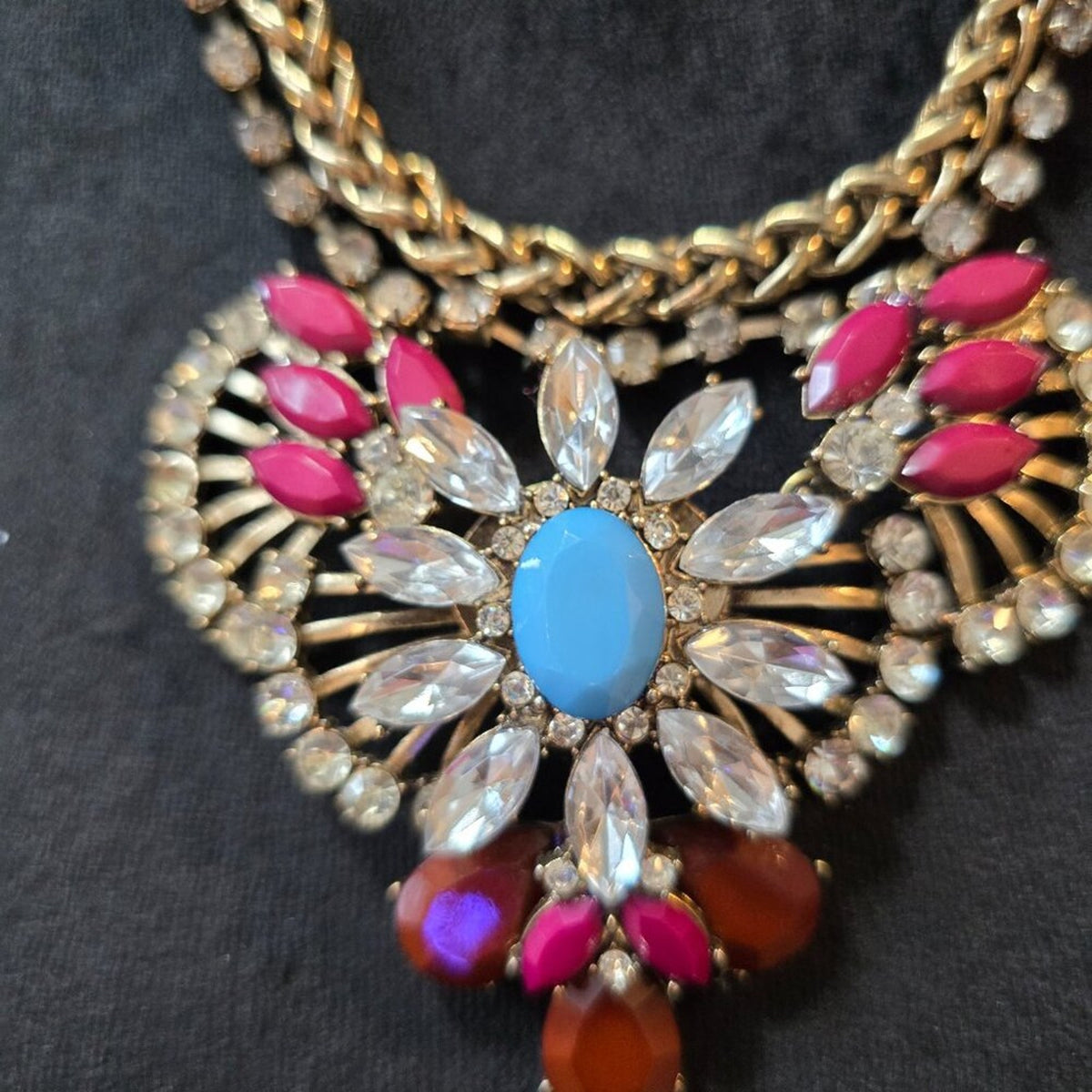 Womens Multi Crystal & Rhinestones Gold Tone Bib Statement Necklace with Lobster