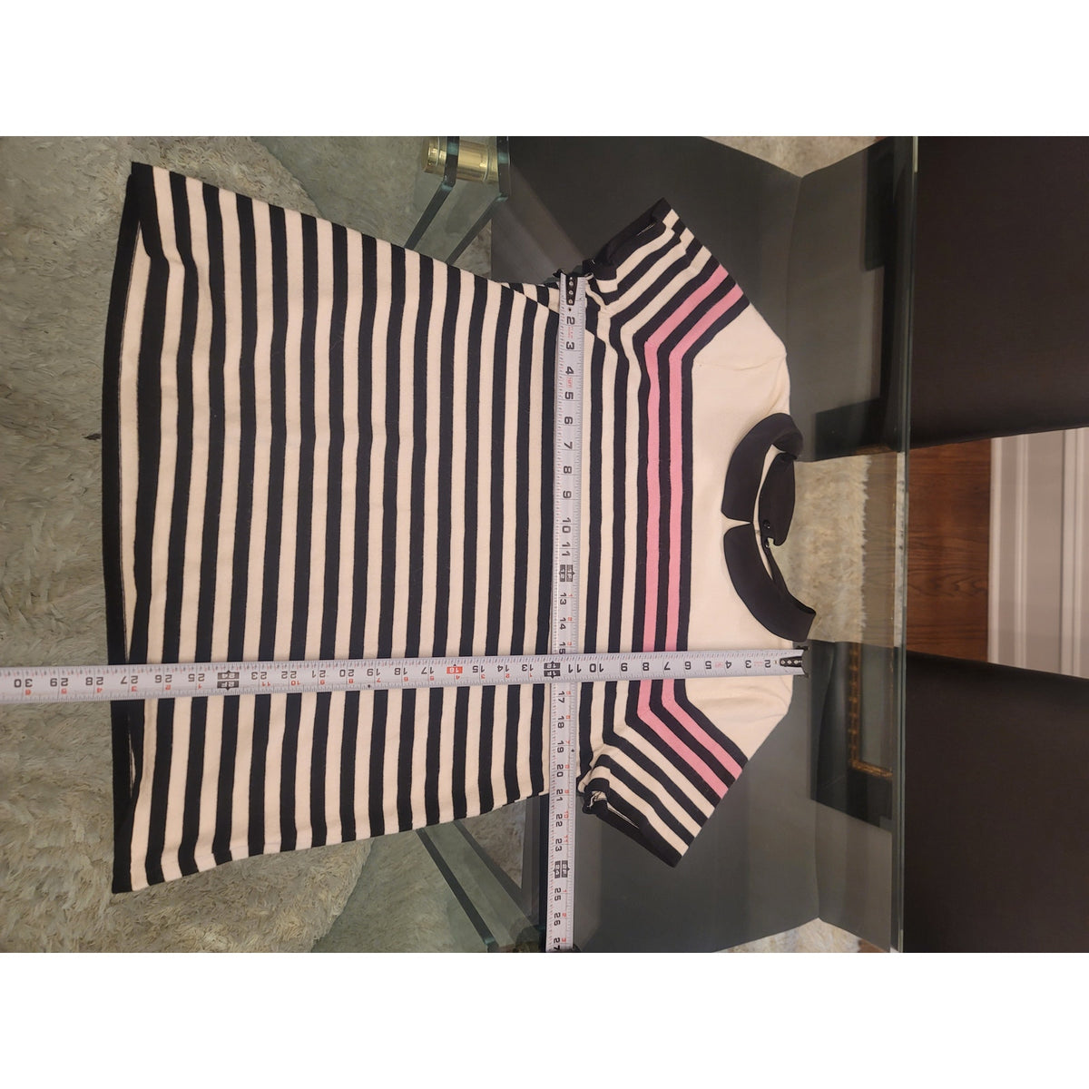 Elle Pullover Sweater Women XL White/Black Striped Peter Pan Collar Short Sleeve