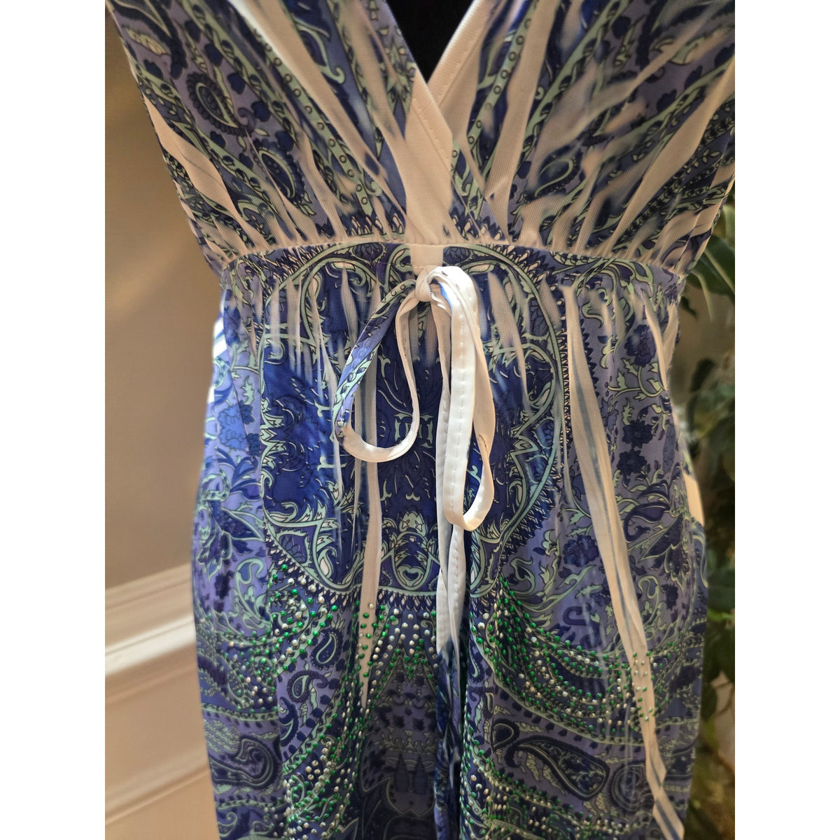 ING Dress Women's SZ XL Multicolor Paisley Rhinestone Empire Tie V-Neck