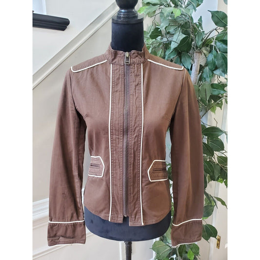 Women's Brown Canvas 100% Cotton White Edging Trims Full Zip Jacket Size Medium