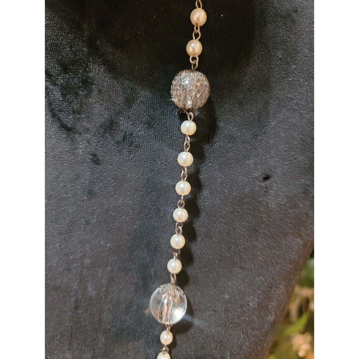 Women's Long Pearl Beaded Necklace With Silver And Clear Beads Lobster Clasp