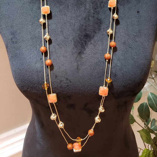 Womens Gold Tone Chunky Square Enameled Crystal Faceted Beads Station Necklace