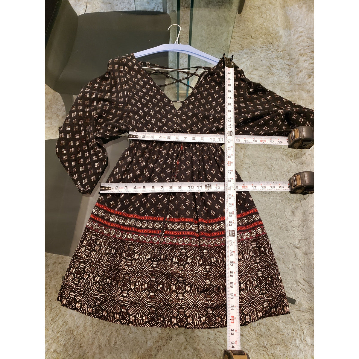 Abercrombie & Fitch Boho Mini Dress Womens XS Blue Argyle Tie Waist 3/4 Sleeve