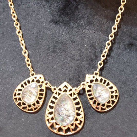 Women Gold Tone Teardrop Labradorite Stone Filigree Medalion Necklace w/ Lobster