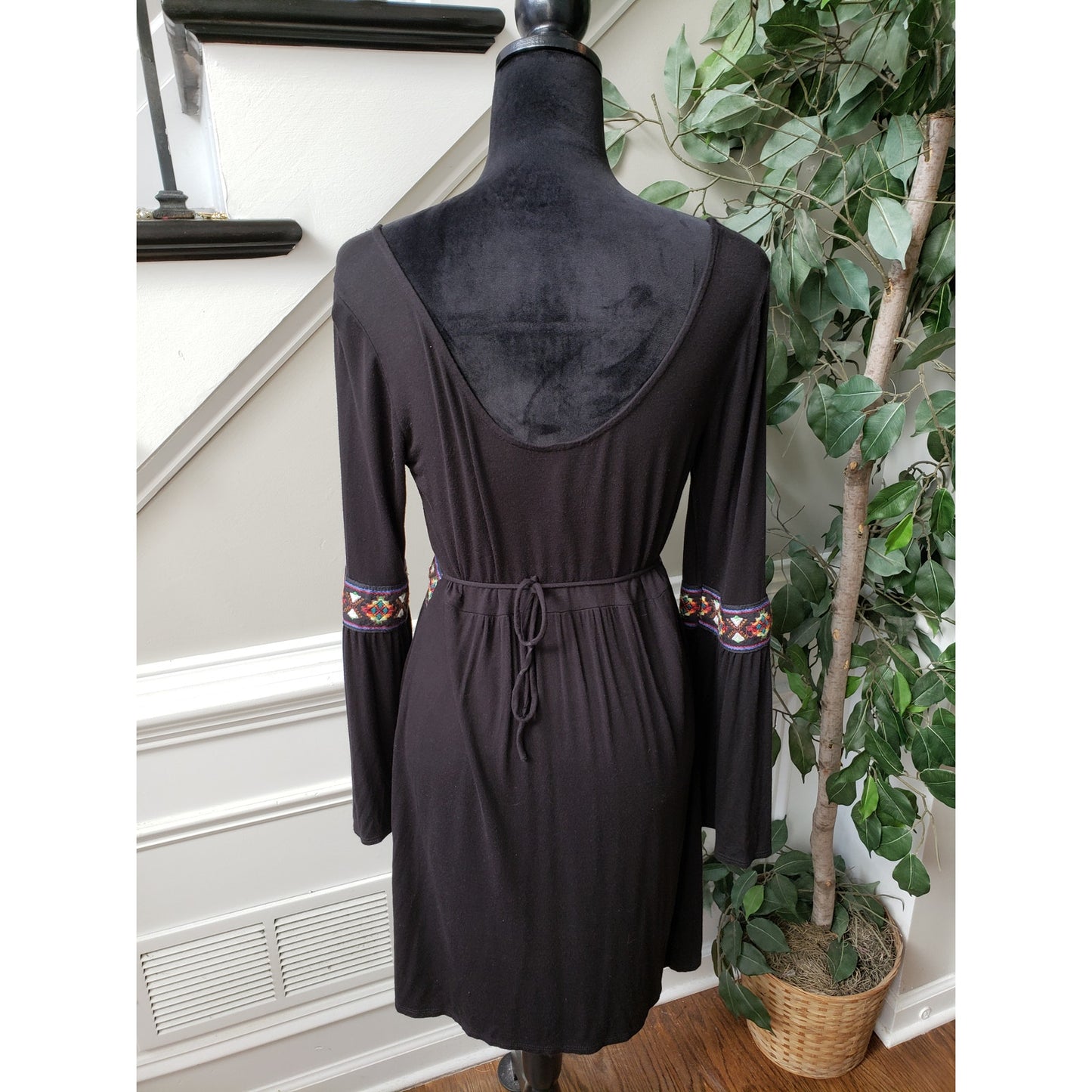 Peppermint Fit & Flare Dress Women M Black Rayon Embroidered Belted Boat Neck